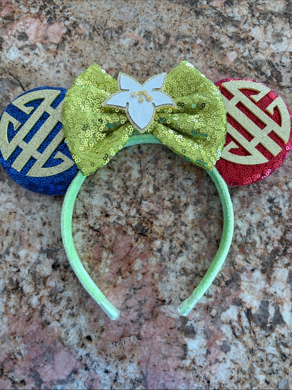 Disney Mulan Lime Green Sequin Bow Mouse Ear Headband with Blue and Red Ears